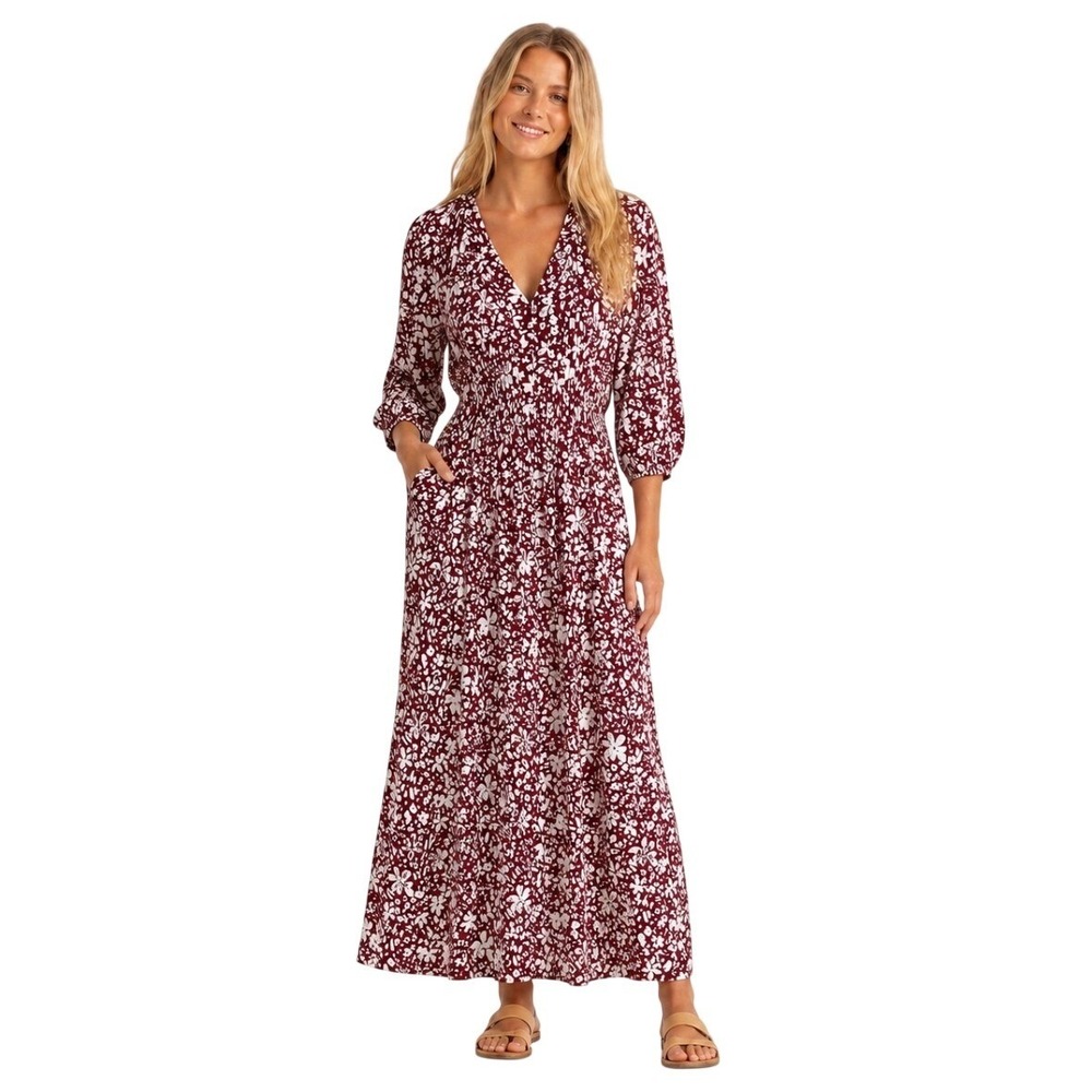 Garnet Hill Women XL Floral V-Neck Maxi Dress Burgundy White Tencel